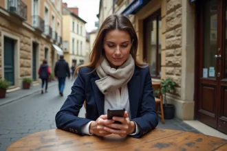 Femme célibataire en province consultant un site de rencontre élite sur son smartphone dans un café