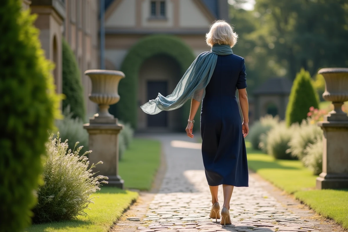 Femme sophistiquée en robe navy marche dans le jardin