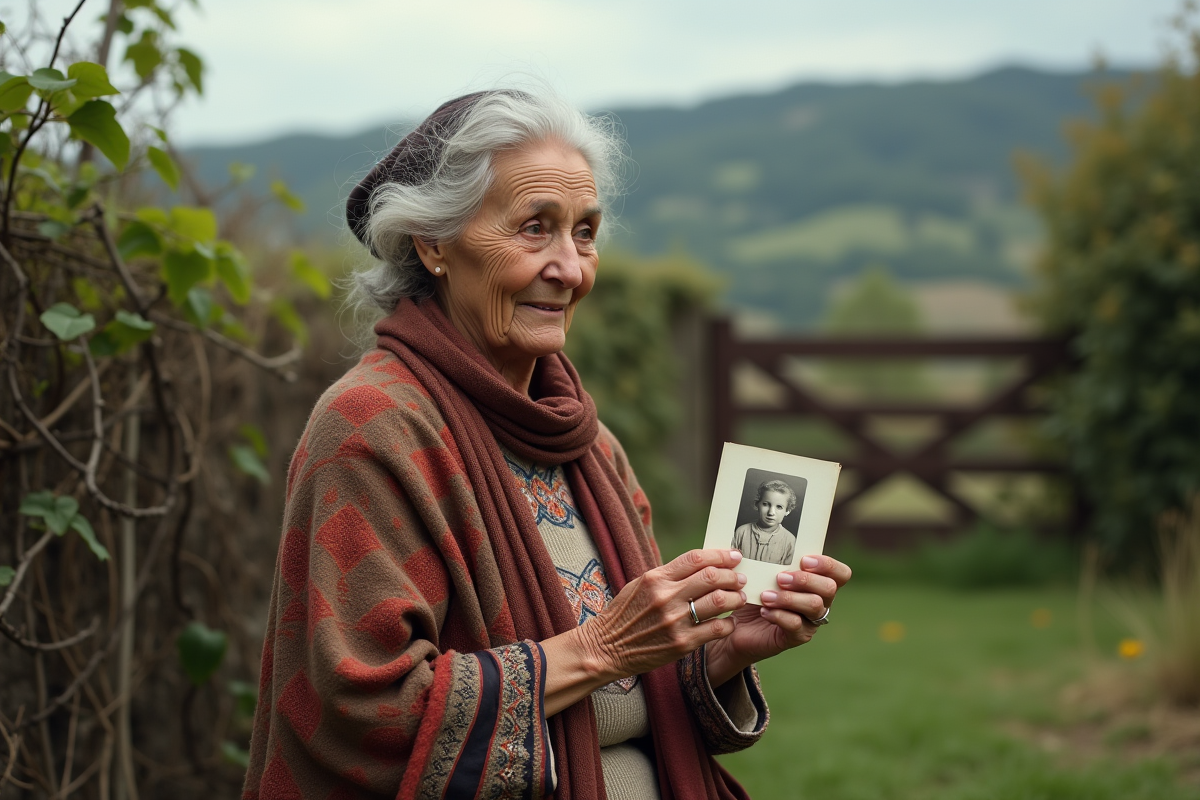 Femme âgée regardant une photo nostalgique dans le jardin