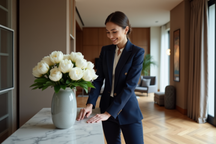 Femme élégante arrangeant des pivoines blanches dans un salon moderne