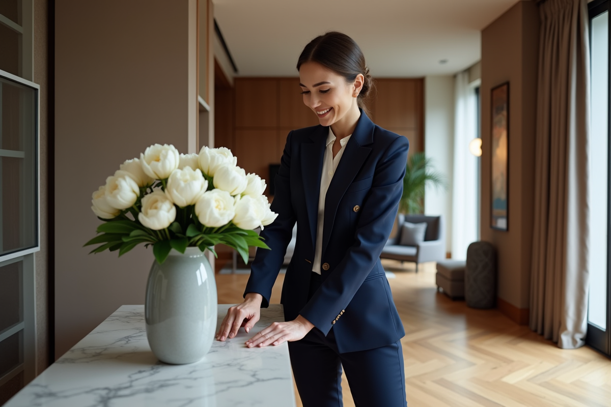 Femme élégante arrangeant des pivoines blanches dans un salon moderne
