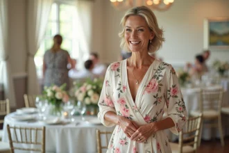 Femme élégante en robe florale pastel souriante