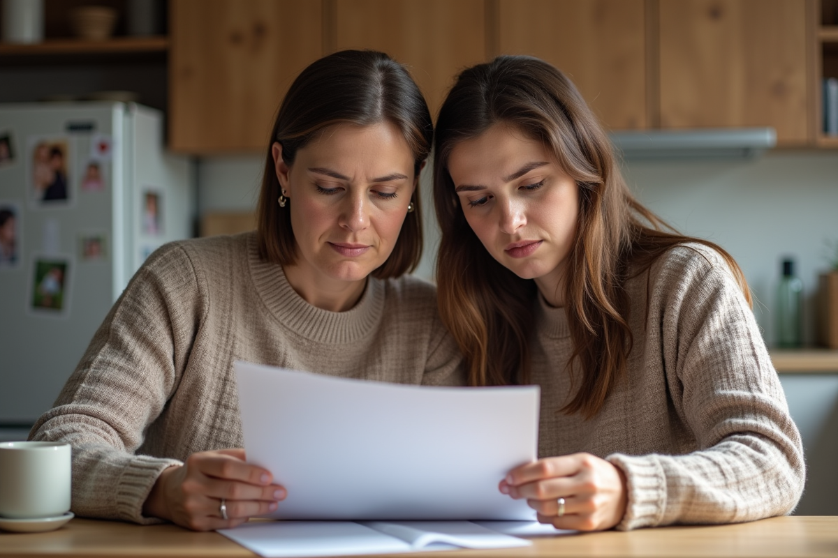 Femme et fille regardant des documents officiels dans la cuisine
