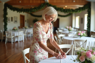 Femme souriante en robe florale ajustant une décoration de table