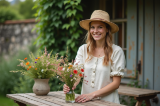 Femme souriante avec chapeau de paille dans un jardin