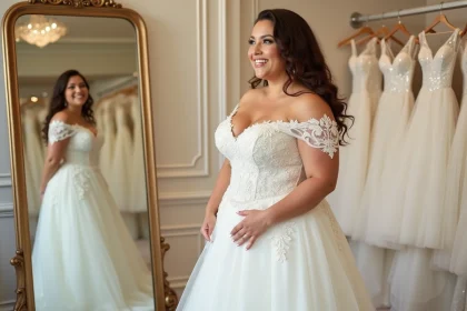 Femme grande taille essayant une robe de mariée en dentelle ivoire dans une boutique de mariage élégante