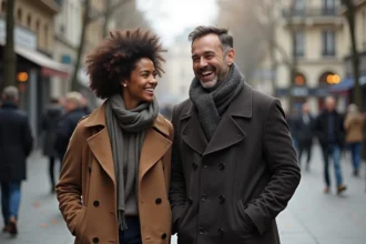 Femme et homme riant dans une rue parisienne automne