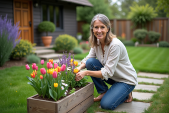 Femme en jeans et blouse en lin dans le jardin