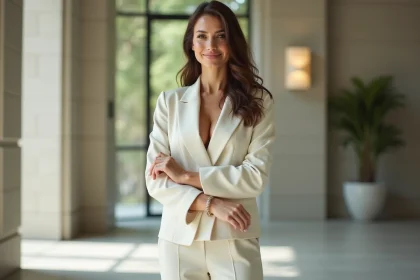 Femme élégante en combinaison ivoire dans un hall moderne