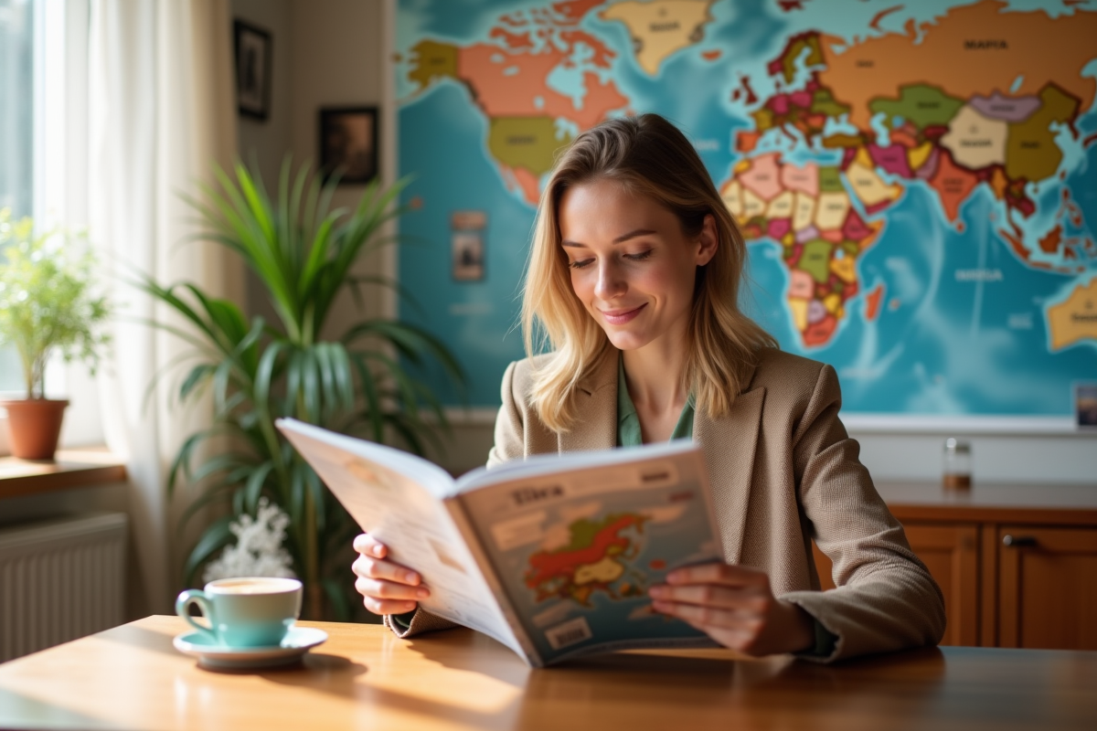 Femme lisant un magazine de voyage à la maison