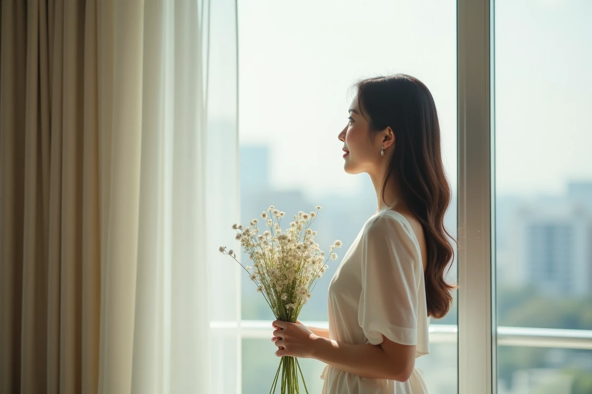Femme contemplant par une grande fenêtre avec bouquet