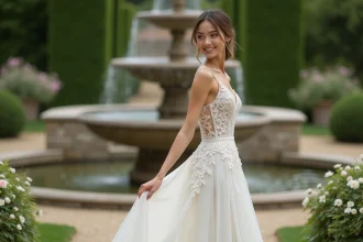 Femme en robe de mariée trapèze 2026 dans un jardin