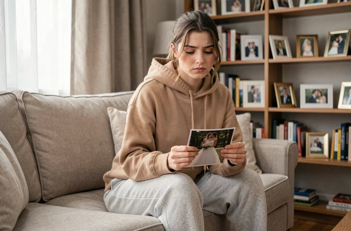 Jeune femme mariée seule sur un canapé tenant une photo de mariage avec une expression pensive, évoquant les regrets et les erreurs du couple