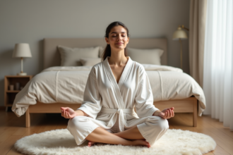 Jeune femme méditant dans une chambre minimaliste