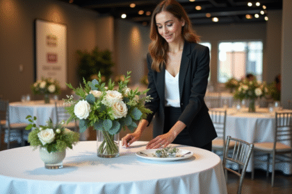Femme professionnelle arrangeant des centres de table floraux