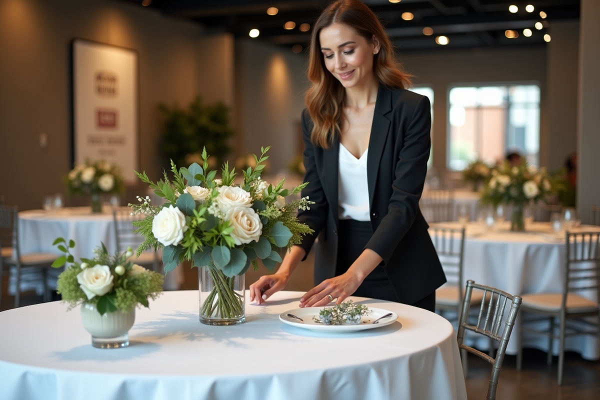 Femme professionnelle arrangeant des centres de table floraux