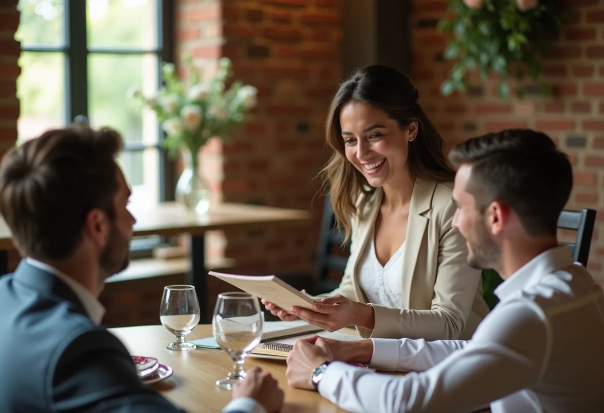 Jeune organisatrice de mariage souriante dans un café chaleureux