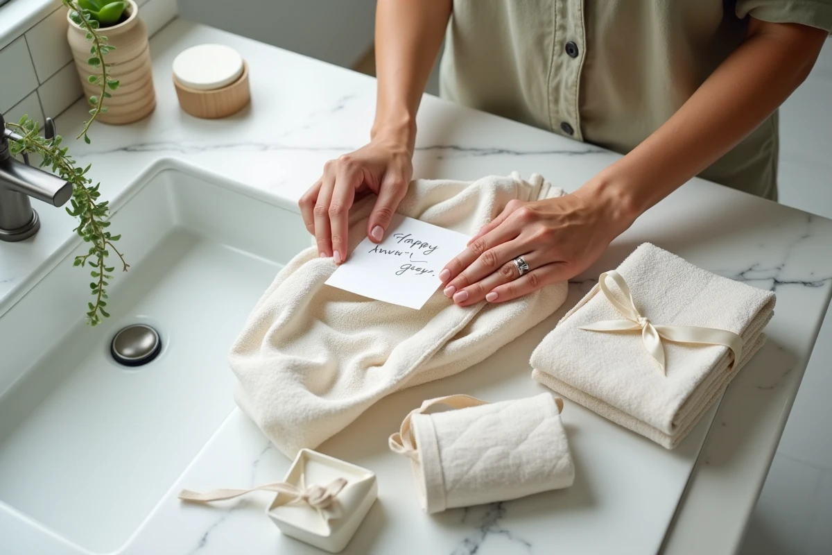 Femme arrangeant un coffret cadeau en coton pour les noces de coton sur un comptoir en marbre