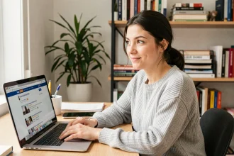 Jeune femme française consultant des résultats de recherche Google sur un ordinateur portable dans un bureau à domicile