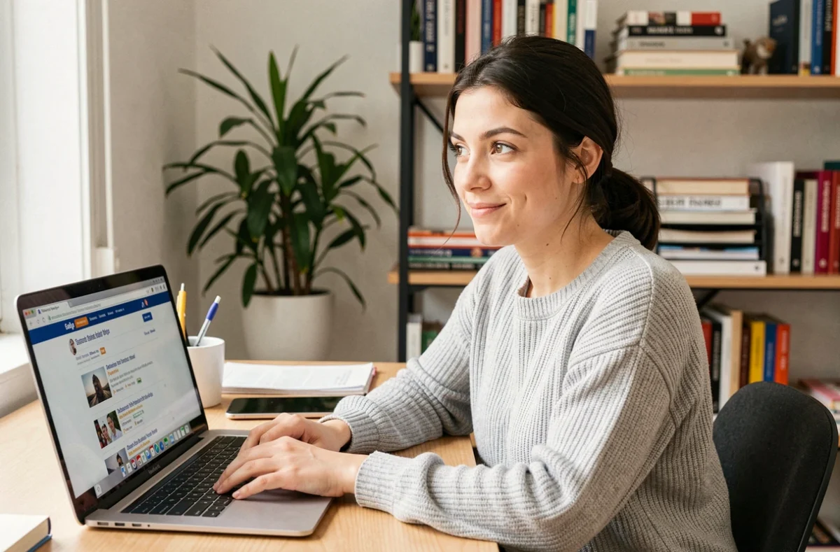 Jeune femme française consultant des résultats de recherche Google sur un ordinateur portable dans un bureau à domicile