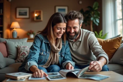 Femme et homme rient en regardant des photos de voyage