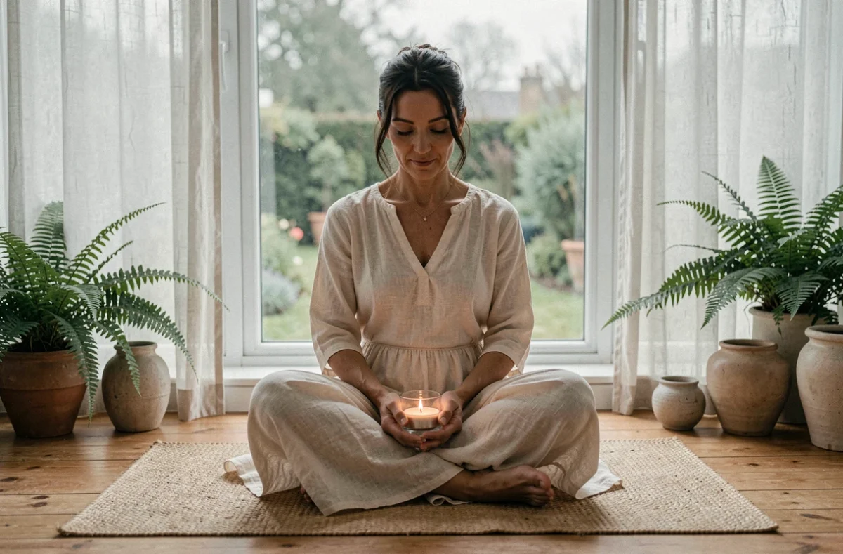 Femme en robe de lin crème tenant une bougie votive lors d'un rituel solitaire et méditatif en intérieur
