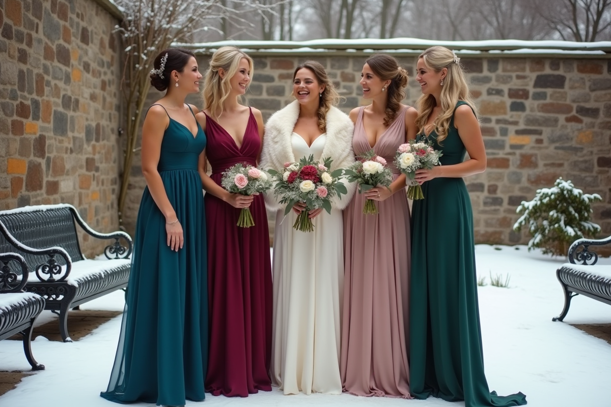 Groupe de femmes amies discutant après mariage hiver