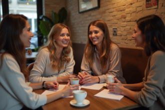 Groupe de femmes riant dans un café parisien pour un enterrement de vie de jeune fille