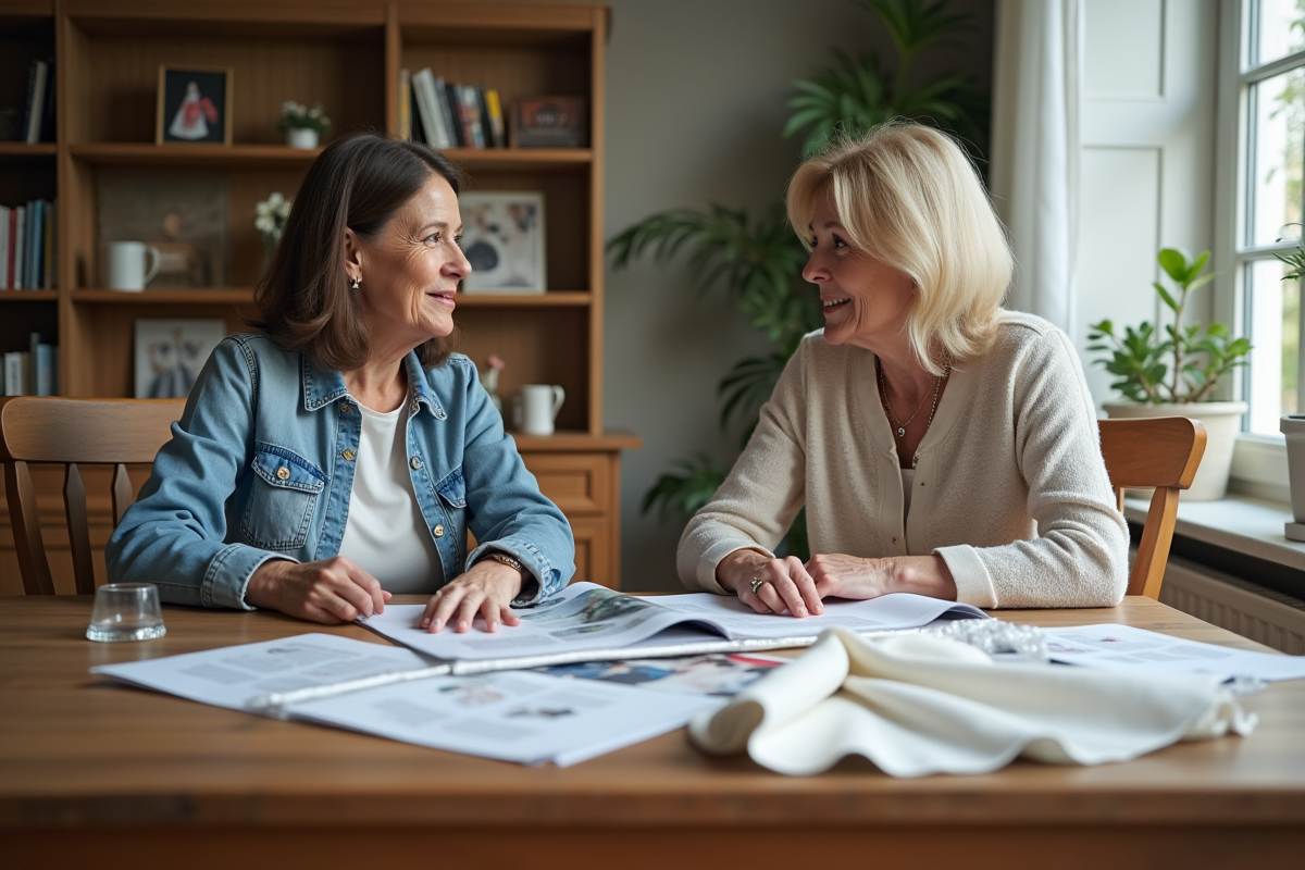 Femme et future mariée discutant autour de magazines mariage