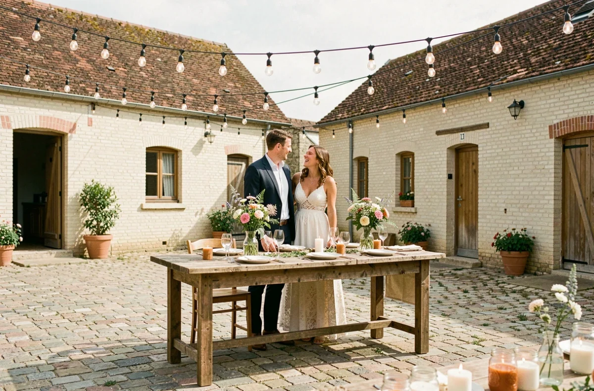 Dîner de mariage rustique dans la cour pavée de La Ferme d'Hercule décorée de guirlandes