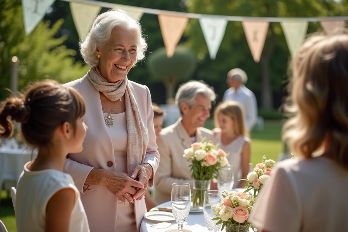 Famille réunie dans un jardin pour une célébration