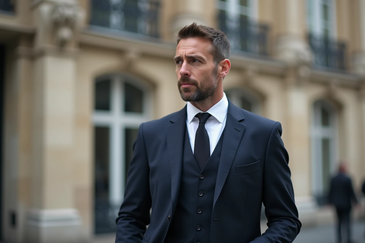 Homme en costume sombre devant un bâtiment institutionnel parisien, évoquant une figure politique sous les projecteurs médiatiques