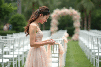 Jeune femme attachant un ruban ivoire autour d'une chaise de mariage