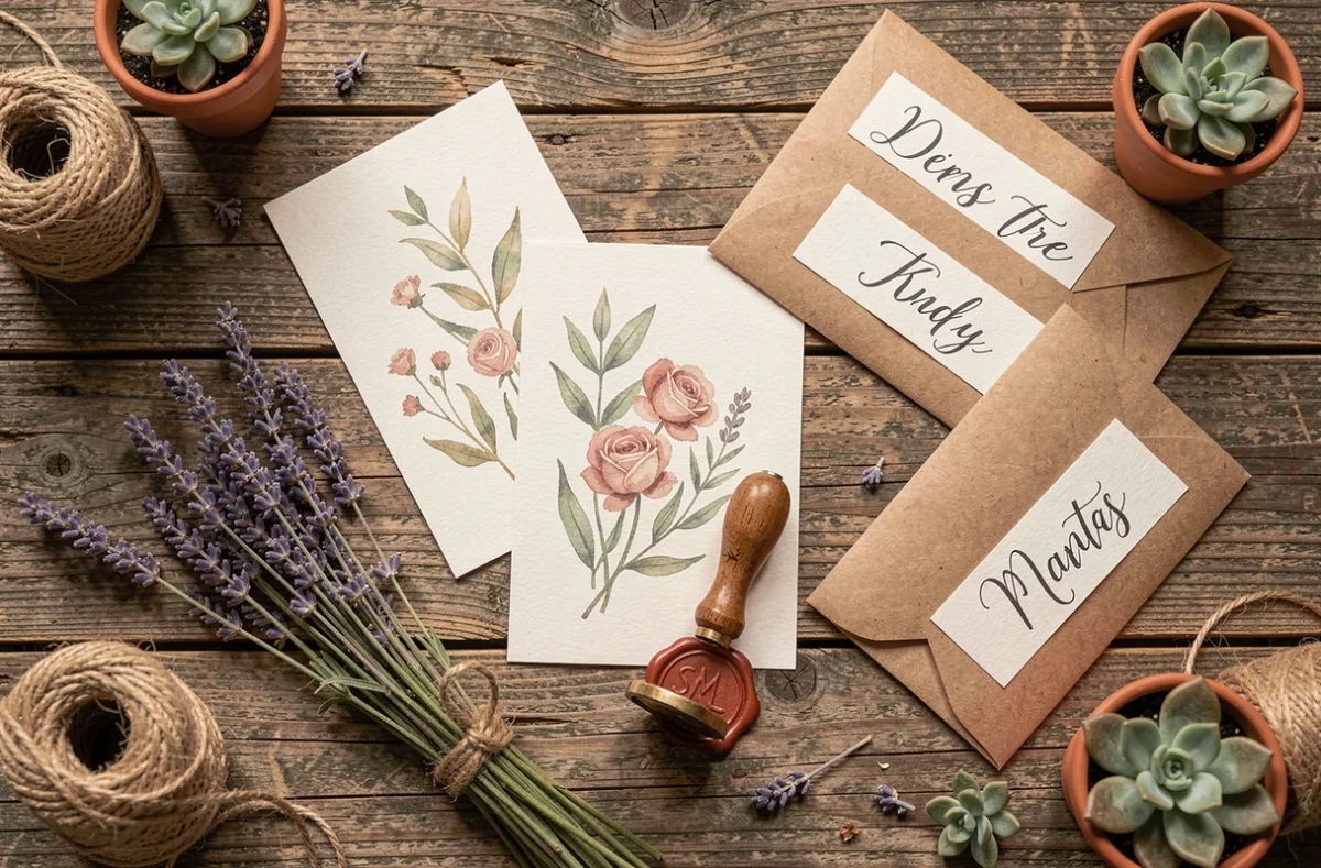 Flat-lay de cartes de jeux de mariage champêtre avec éléments botaniques et calligraphie