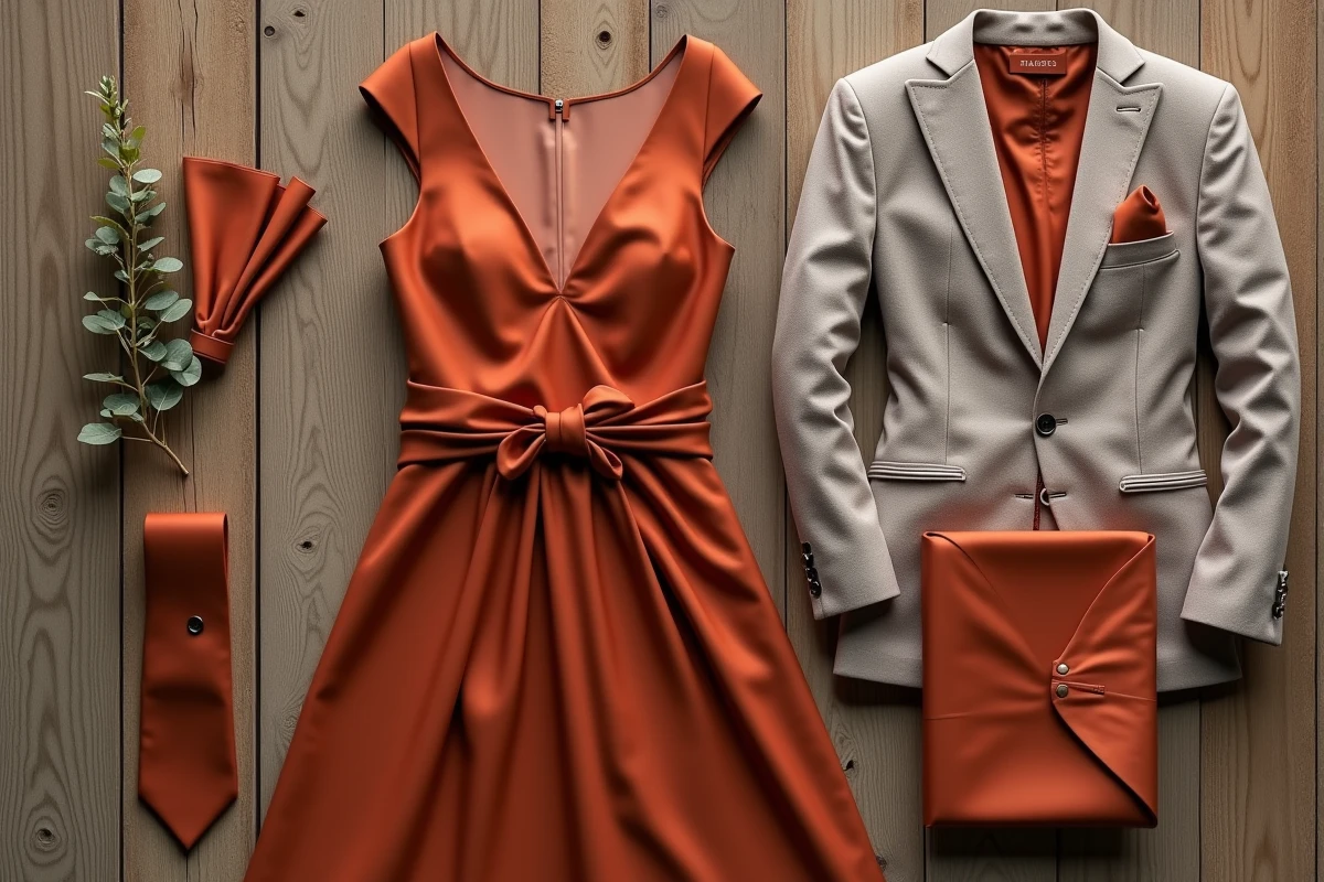 Flat-lay robe témoin terracotta assortie à un costume taupe avec cravate et pochette coordonnées