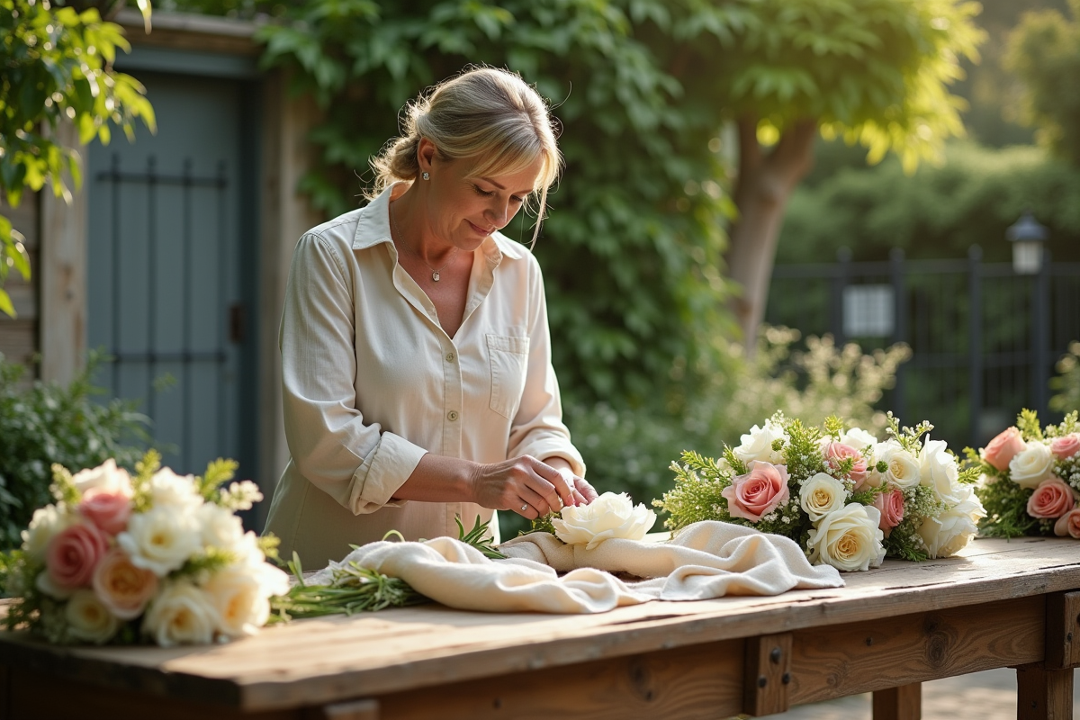 Fleuriste arrangeant des bouquets dans un jardin ensoleille
