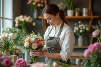Fleuriste arrangeant un bouquet de mariage dans une boutique chaleureuse