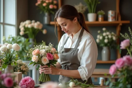 Fleuriste arrangeant un bouquet de mariage dans une boutique chaleureuse