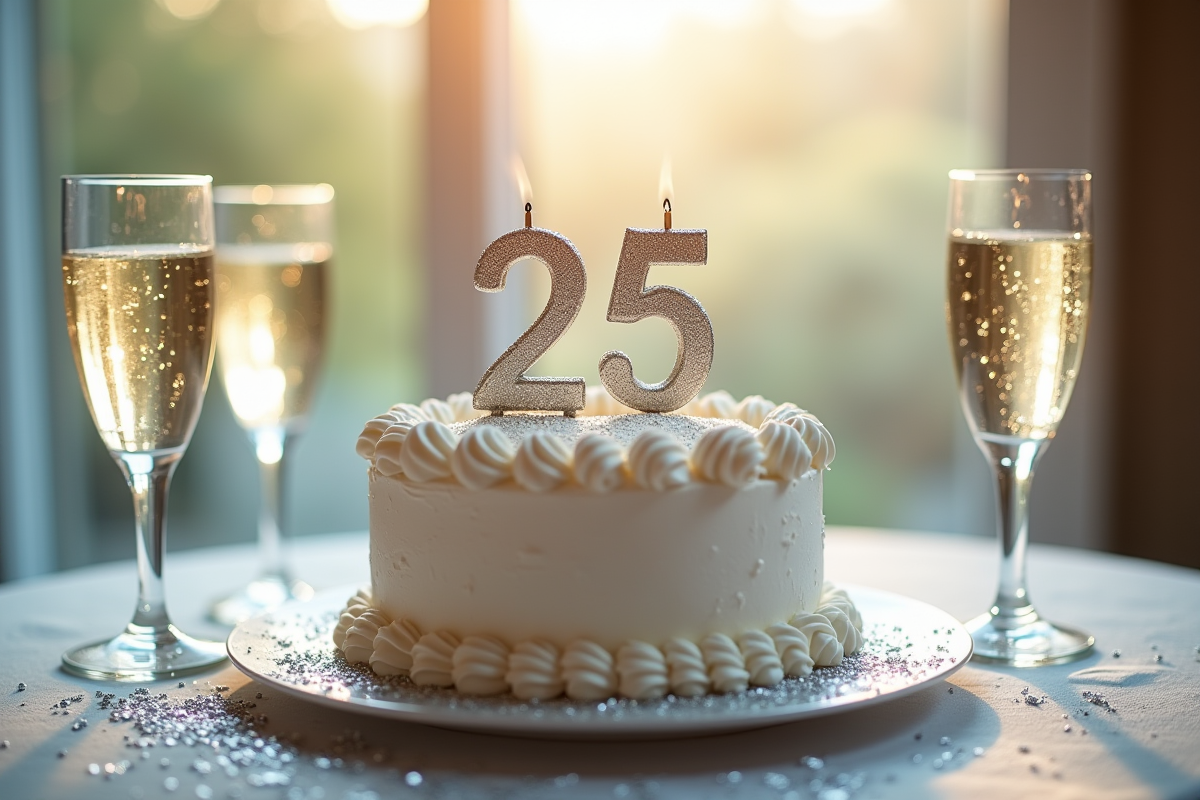 Gâteau anniversaire 25 avec bougies et champagne