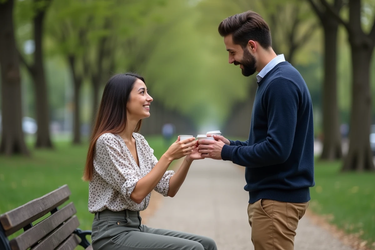 Ambroise offre un geste attentionné à Jenifer assise sur un banc de parc, capturant le début de leur histoire avec une expression de surprise émue