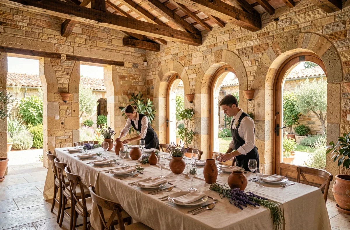 Salle de mariage au Grand Belly dans le Gard avec murs en pierre calcaire et tables dressées sous des poutres en bois