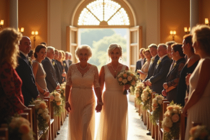 Grand-mère élégante tenant la main de la mariée lors de la cérémonie