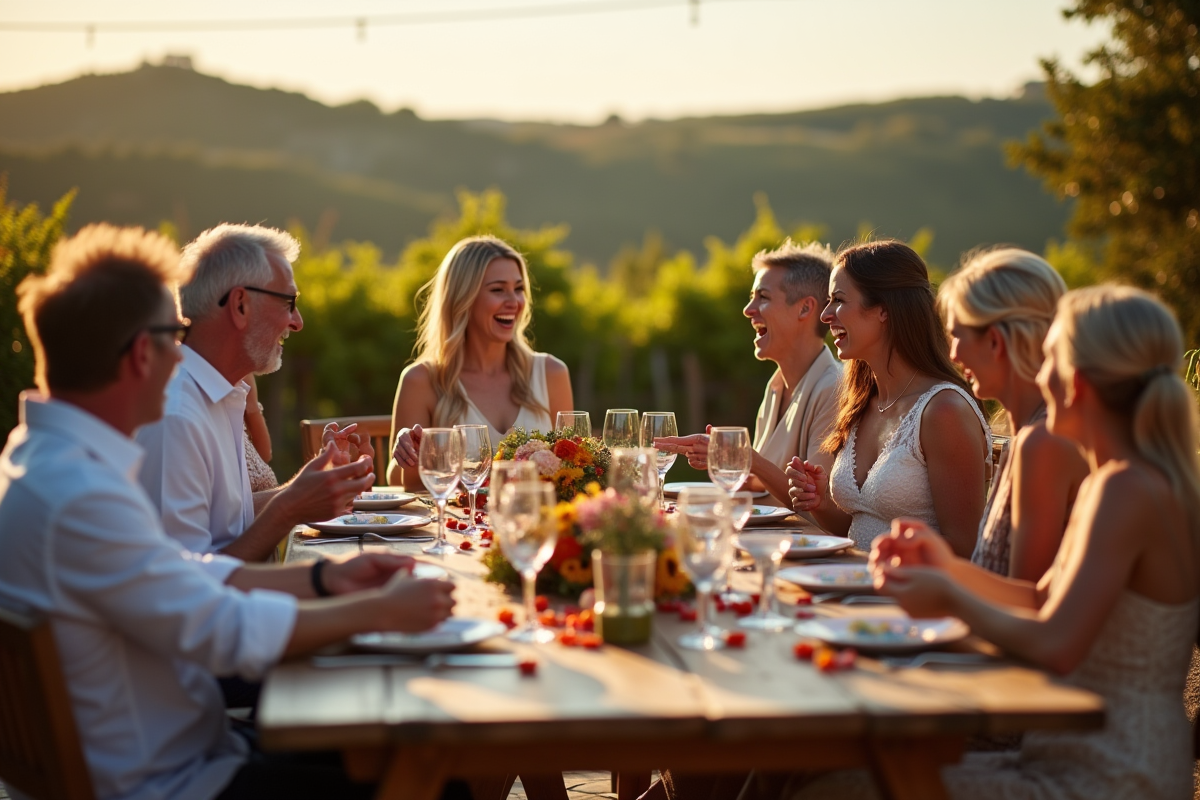 Groupe d invités de mariage autour d une table rustique