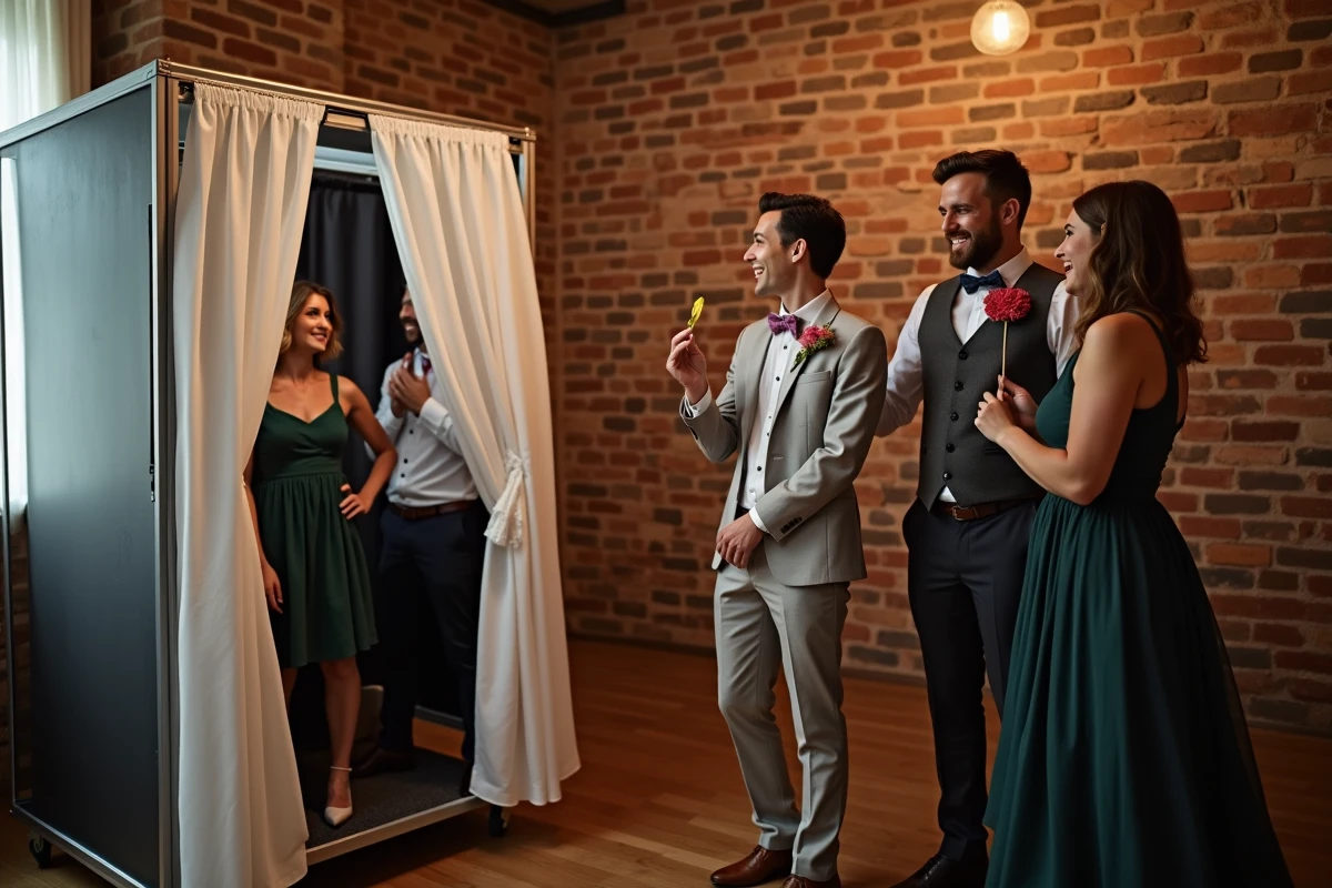 Groupe d’amis riant autour d’une cabine photo lors d’un mariage