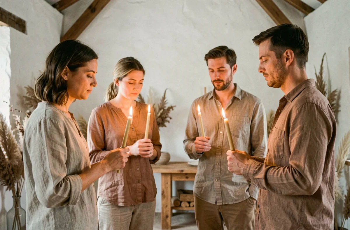 Petit groupe d'adultes tenant des bougies allumées lors d'une cérémonie intime dans une grange blanchie à la chaux