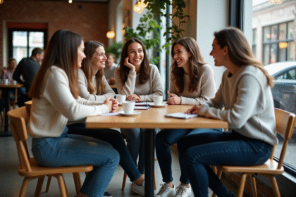 Groupe de femmes discutant dans un café cosy