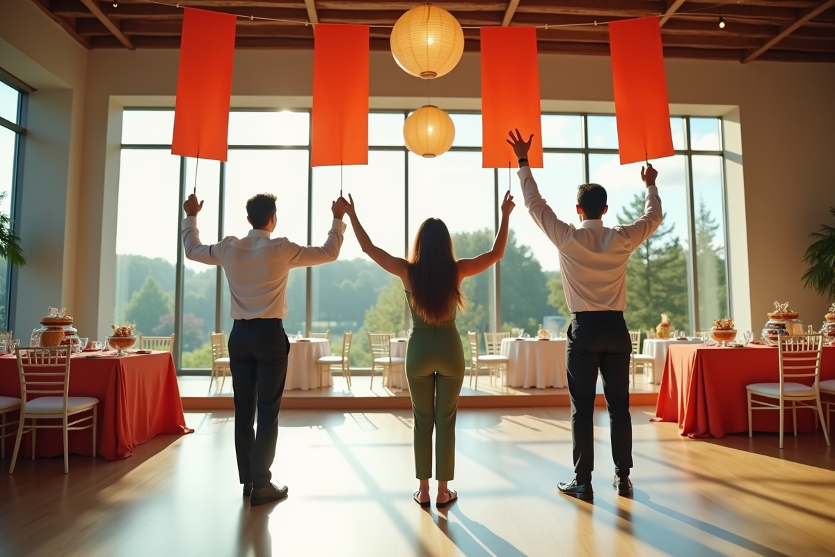 Groupe de jeunes ajustant des bannières festives dans une salle lumineuse