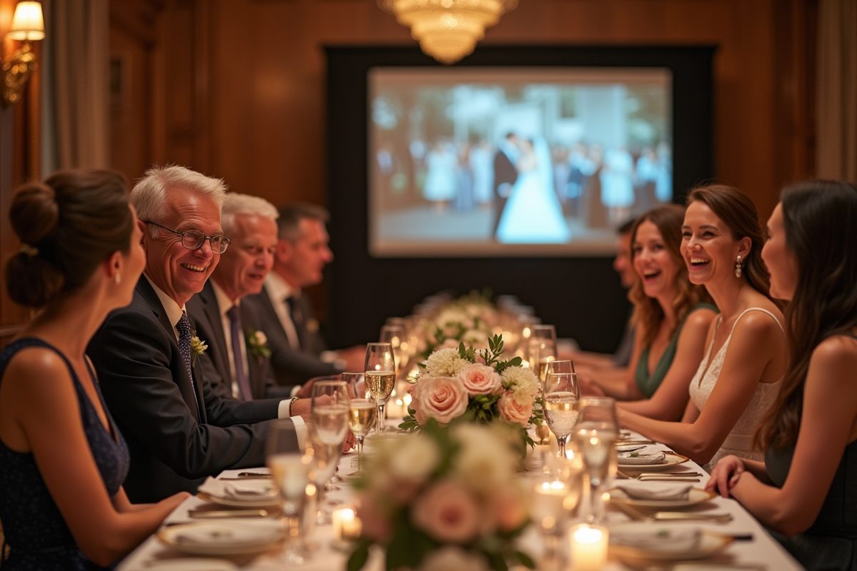 Groupe d invités riant lors du diaporama de mariage