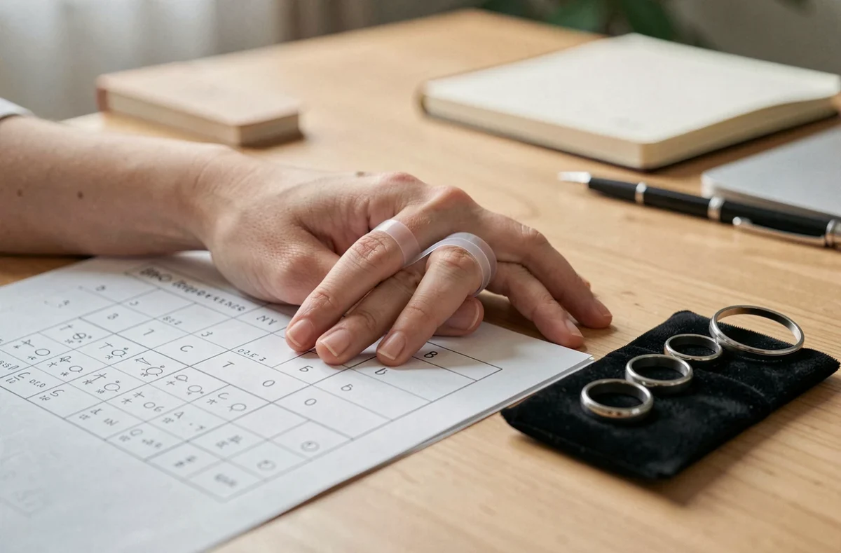 Mains féminines utilisant un guide de taille de bague et un anneau mesureur sur un bureau en bois