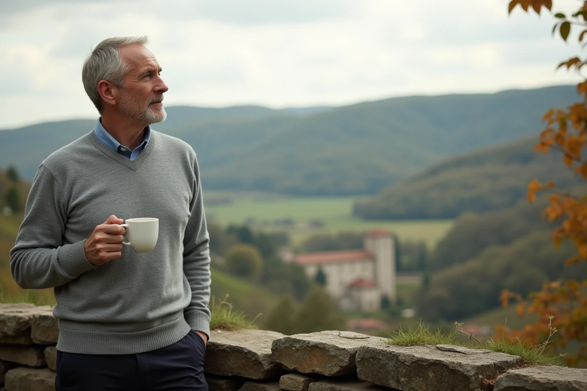Homme célibataire en zone rurale contemplant un paysage de province française, évoquant la difficulté de rencontrer l'amour loin des grandes villes